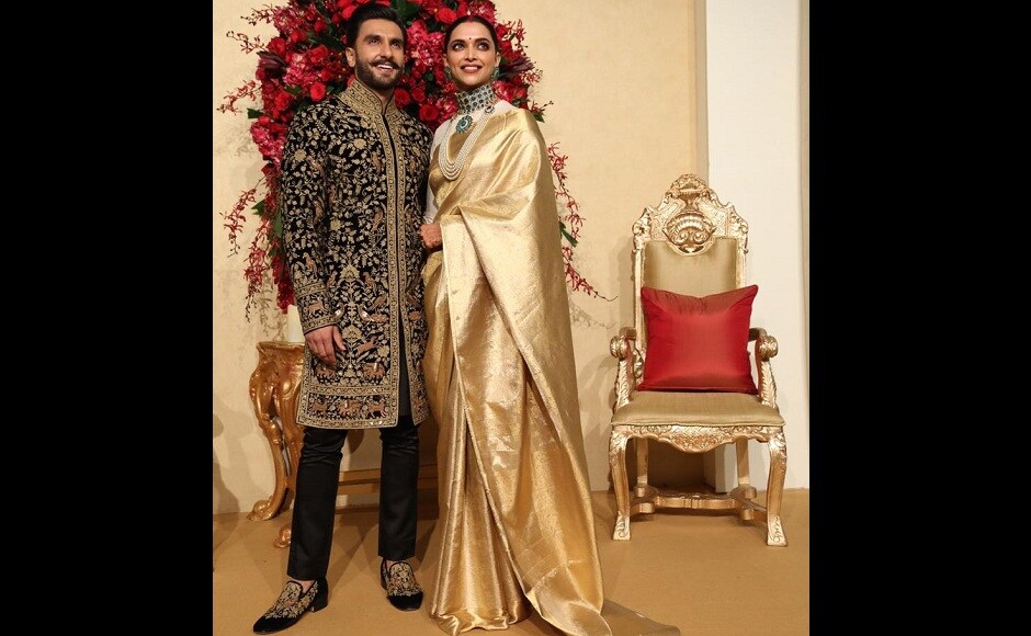 For the reception, Ranveer Singh opted for a black and gold Rohit Bal sherwani while Deepika Padukone wore a silk saree gifted to her by her mother. For the reception, Ranveer Singh opted for a black and gold Rohit Bal sherwani while Deepika Padukone wore a silk saree gifted to her by her mother.